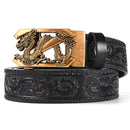 Brown 120CM Men's Genuine Cowhide Vintage Carved Belt with Sliver Dragon Design Automatic Sliding Buckle