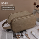 Khaki Premium TPU Leather Dual-Zipper Cosmetic Bag with 3 Dry & Wet Separation Zone - Large Capacity Travel Toiletries Organizer