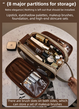 Khaki Premium TPU Leather Dual-Zipper Cosmetic Bag with 3 Dry & Wet Separation Zone - Large Capacity Travel Toiletries Organizer
