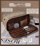 Khaki Premium TPU Leather Dual-Zipper Cosmetic Bag with 3 Dry & Wet Separation Zone - Large Capacity Travel Toiletries Organizer