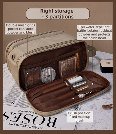 Khaki Premium TPU Leather Dual-Zipper Cosmetic Bag with 3 Dry & Wet Separation Zone - Large Capacity Travel Toiletries Organizer