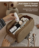 Black Premium TPU Leather Dual-Zipper Cosmetic Bag with 3 Dry & Wet Separation Zone - Large Capacity Travel Toiletries Organizer