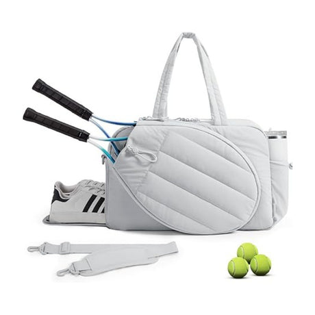 42L Light-Grey Tennis & Pickleball Expandable Tote Bag wIth Shoe-Zone & Bottle Side Pocket - Waterproof Gym Bag for Racquets & Paddles