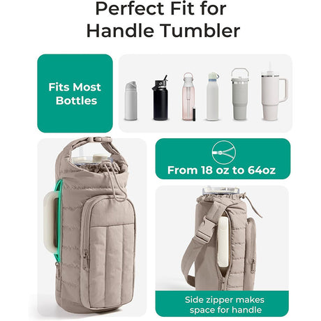 Pink Nylon Quilted Insulated Water Bottle Bag for 18-64oz Flask - Lightweight Sports & Travel Puffer Shockproof Protective Pouch