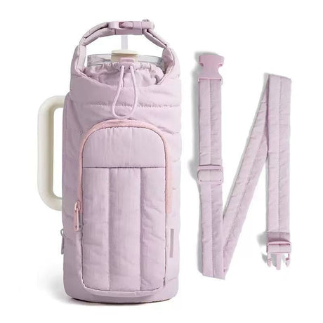 Purple Nylon Quilted Insulated Water Bottle Bag for 18-64oz Flask - Lightweight Sports & Travel Puffer Shockproof Protective Pouch