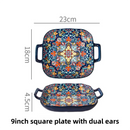 9-Inch Underglaze Ceramic Square Serving Plate with Dual Handles (Baroque) - Microwave and Oven Safe Pasta & Fruit Tray