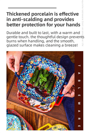 9-Inch Underglaze Ceramic Square Serving Plate with Dual Handles (Baroque) - Microwave and Oven Safe Pasta & Fruit Tray