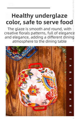 9-Inch Underglaze Ceramic Square Serving Plate with Dual Handles (Mirror Sunlight Style) - Microwave and Oven Safe Pasta & Fruit Tray