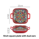 9-Inch Underglaze Ceramic Square Serving Plate with Dual Handles (Isdir Style) - Microwave and Oven Safe Pasta & Fruit Tray