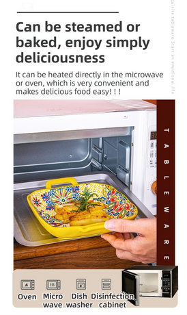 9-Inch Underglaze Ceramic Square Serving Plate with Dual Handles (Glandot Style) - Microwave and Oven Safe Pasta & Fruit Tray