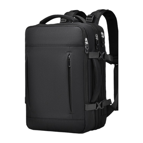 Black Expandable Travel Laptop Backpack with USB Charging Port - Waterproof Nylon Business Bag with 11cm Depth Extension (45x32cm)