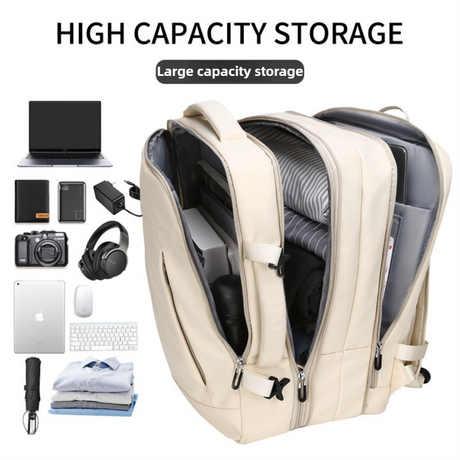 Black Expandable Travel Laptop Backpack with USB Charging Port - Waterproof Nylon Business Bag with 11cm Depth Extension (45x32cm)