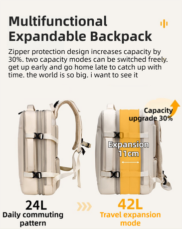 Black Expandable Travel Laptop Backpack with USB Charging Port - Waterproof Nylon Business Bag with 11cm Depth Extension (45x32cm)