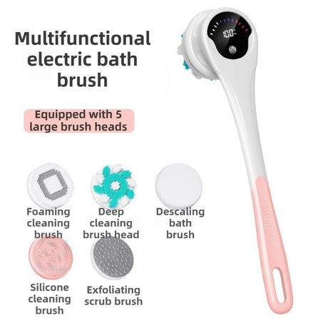 Pink Electric 360°Rotating Shower Brush with Long Handle for Back Scrubbing(43CM) - IPX7 Waterproof & Premium Silicone & PA Bristles