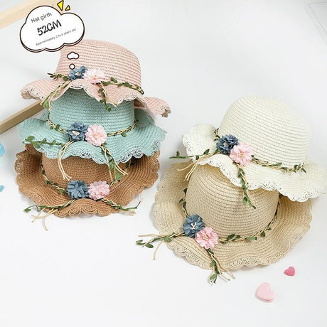 Green Girls Summer Princess Straw Straw Hat and Matching Purse Set - Breathable Floral Wide Brim Sun Protection Sun Hat