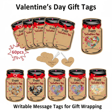 60PCS Valentine's Day Drift Bottle Shaped Gift Card Set - Premium Coated Paper Greeting Card for Family / School Exchanges and Party Favors