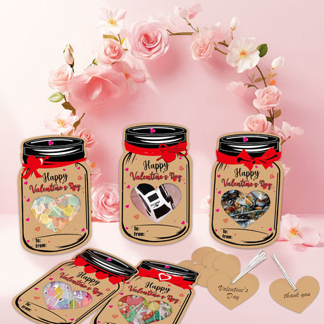60PCS Valentine's Day Drift Bottle Shaped Gift Card Set - Premium Coated Paper Greeting Card for Family / School Exchanges and Party Favors