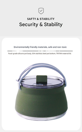 Dark Green 1L Portable Collapsible Camping Kettle - Food-Grade Silicone Body with 304 Stainless Steel Base, Compatible with Induction & Gas Stoves