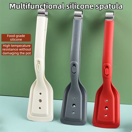 2-in-1 Red Silicone Spatula Tongs with Locking Clip & Oil Drainage - Non-Stick Heat Resistant Food Flipper & Kitchen Clamp