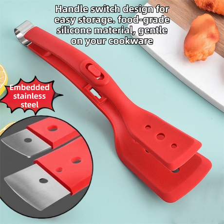 2-in-1 Red Silicone Spatula Tongs with Locking Clip & Oil Drainage - Non-Stick Heat Resistant Food Flipper & Kitchen Clamp