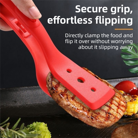 2-in-1 Red Silicone Spatula Tongs with Locking Clip & Oil Drainage - Non-Stick Heat Resistant Food Flipper & Kitchen Clamp