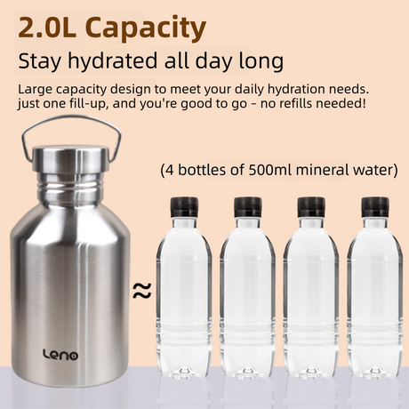 2L Large Capacity Outdoor Sports Adventure Water Bottle - Food-Grade 304 Stainless Steel with Portable Handle & 7cm Wide Mouth