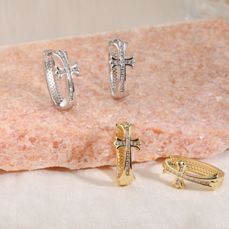 1-Pair Gold Sparkling Iced Out Rhinestone Cross Hoop Earrings - Punk Elegance Ear Buckle for Women
