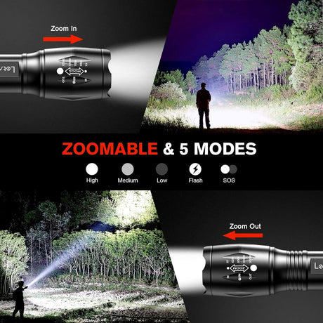 2-Pack High-Powered LED Flashlight with 500m Long Range - Zoomable Focus & Waterproof Tactical Torch - Durable Aluminum Alloy
