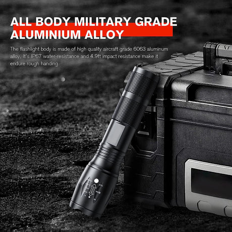 2-Pack High-Powered LED Flashlight with 500m Long Range - Zoomable Focus & Waterproof Tactical Torch - Durable Aluminum Alloy