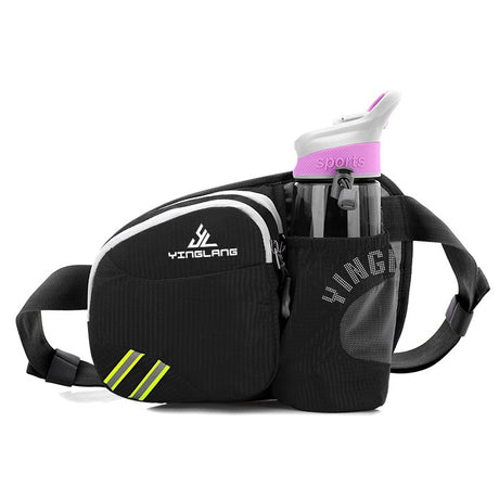 Black Lightweight Running Waist Pack with Stable Bottle Holder - Multi-Functional Nylon Sports Fanny Pack for Marathon, Hiking, Cycling & Climbing