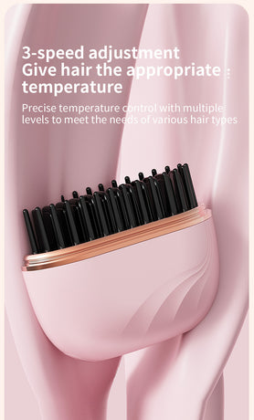 Pink Cordless Portable Hair Straightening & Curling Brush - Plant Protein Coating for Hair Protection, 30s Fast Heating & Dual Anti-Scald