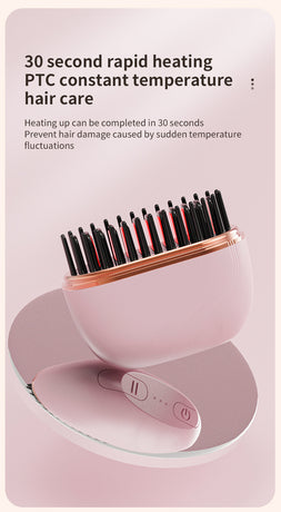Pink Cordless Portable Hair Straightening & Curling Brush - Plant Protein Coating for Hair Protection, 30s Fast Heating & Dual Anti-Scald