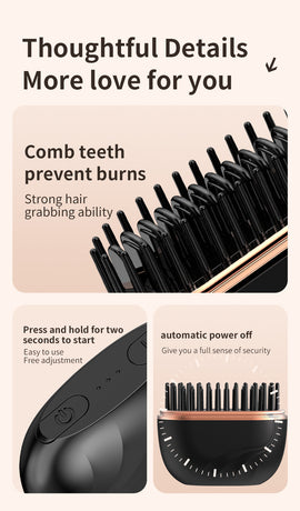 Pink Cordless Portable Hair Straightening & Curling Brush - Plant Protein Coating for Hair Protection, 30s Fast Heating & Dual Anti-Scald