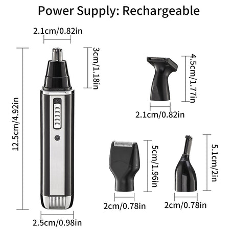 4-in-1 Portable Electric Grooming Kit for Men with Nose / Beard / Body Hair & Hair Clipper Heads - Quiet & USB Rechargeable, Waterproof Stainless Steel Blades