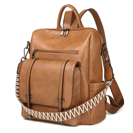 Brown Retro Soft PU Leather Backpack for Women - Water-Resistant Large Capacity Travel Rucksack with Dual Detachable Straps