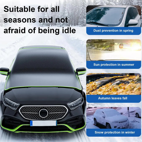 Black-Green Magnetic Car Windshield Protector with 6 Magnets & 4 Secure Straps and Reflective Safety Strips - Durable Frost & Ice Cover for All-Weather Protection (Sun, Rain, Snow, Dust)