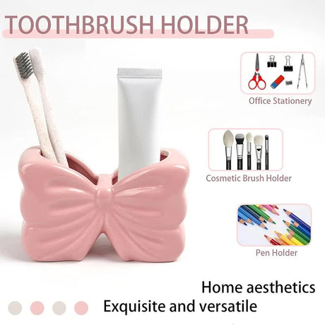 2-Pack Pink & White Chic Bowknot 2-Slot Toothbrush Holder - Resin Retro Cute Desktop Decorative Stand