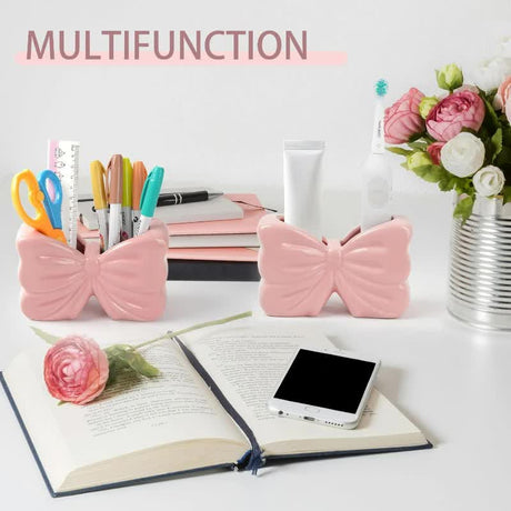 2-Pack Pink & White Chic Bowknot 2-Slot Toothbrush Holder - Resin Retro Cute Desktop Decorative Stand
