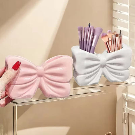 2-Pack Pink & White Chic Bowknot 2-Slot Toothbrush Holder - Resin Retro Cute Desktop Decorative Stand