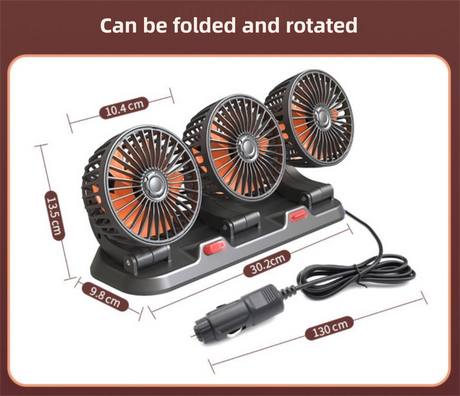 3-in-1 Powerful Car Triple Head Fan (12V Lighter Power) - Quiet Cooling Fan Integrated Aromatherapy & Number Plate, with 360° Rotation & 130cm Long Cord