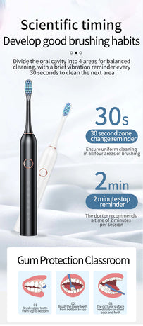 White Smart Sonic Electric Toothbrush Kit with 4 Heads & Travel Case - 6 X Cleaning Modes and High-Frequency Vibration with Soft Protective Bristles