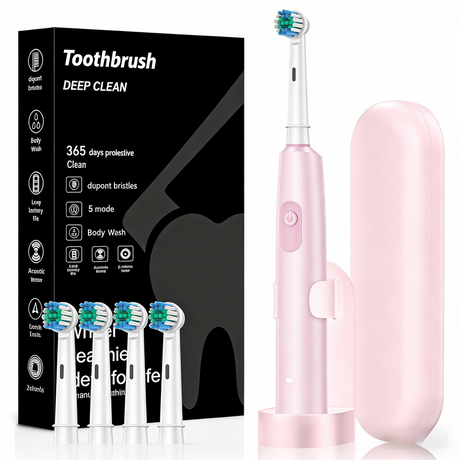 Pink Rotating Round Head Electric Toothbrush Kit with 4 Heads, Case & Stand - 3D Oscillating Mechanical Cleaning for Deep Plaque Removal