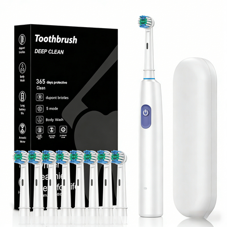 White Rotating Round Head Electric Toothbrush Kit with 8 Heads & Case - 3D Oscillating Mechanical Cleaning for Deep Plaque Removal