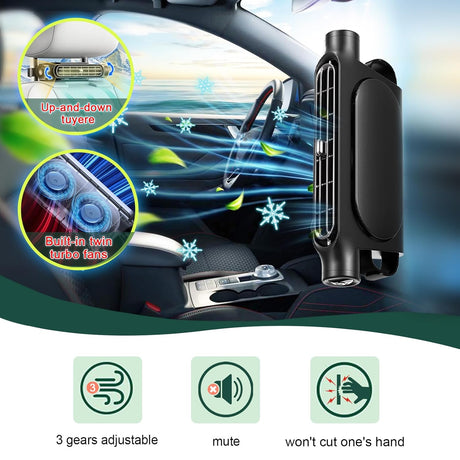 Black Cordless Dual-Turbo Car Seat Cooling Fan with Velcro Mount - Powerful 3-Speed Backrest Ventilation, Adjustable Airflow Angle & Hair-Safe Design