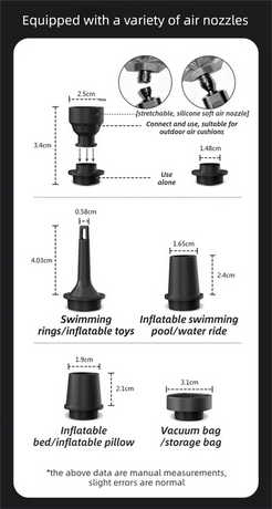 Black Wireless Rechargeable Vacuum Pump with 5 Versatile Nozzles and LED - 2-in-1 Compact High-Suction Inflator & Deflator for Travel & Home