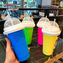 Pink Instant DIY Slushie Squeeze Maker Cup - Food-Grade Silicone Double-Layer Cooling Smoothie Cup with 2-in-1 Straw & Spoon