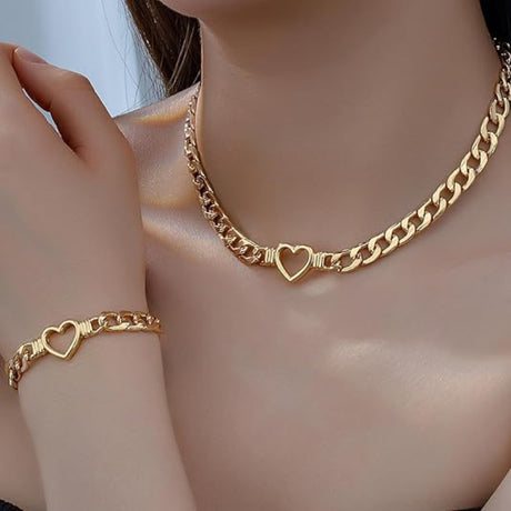 Style 1 Trendy Gold-Plated Heart Necklace & Bracelet Set - Tarnish Free Alloy Cuban Link Jewelry for Fashionable Women