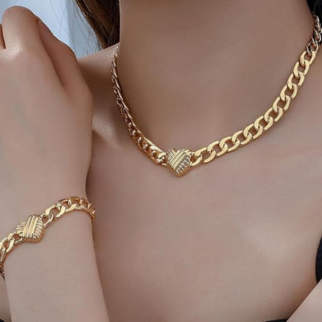 Style 2 Trendy Gold-Plated Heart Necklace & Bracelet Set - Tarnish Free Alloy Cuban Link Jewelry for Fashionable Women