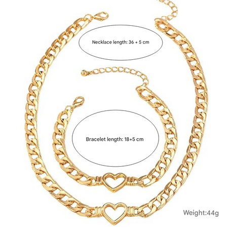 Style 3 Trendy Gold-Plated Heart Necklace & Bracelet Set - Tarnish Free Alloy Cuban Link Jewelry for Fashionable Women