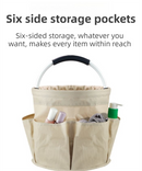 Khaki Foldable Oxford Cloth Round Picnic Basket with Padded Metal Handle - 6 Pocket Large Capacity Storage Tote for Outdoor Beach and Shopping